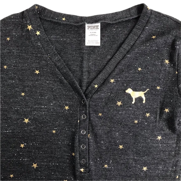 Medium Victoria's Secret Pink Gold Star Long Sleeve Shorts Romper Pajama… - Picture 3 of 13